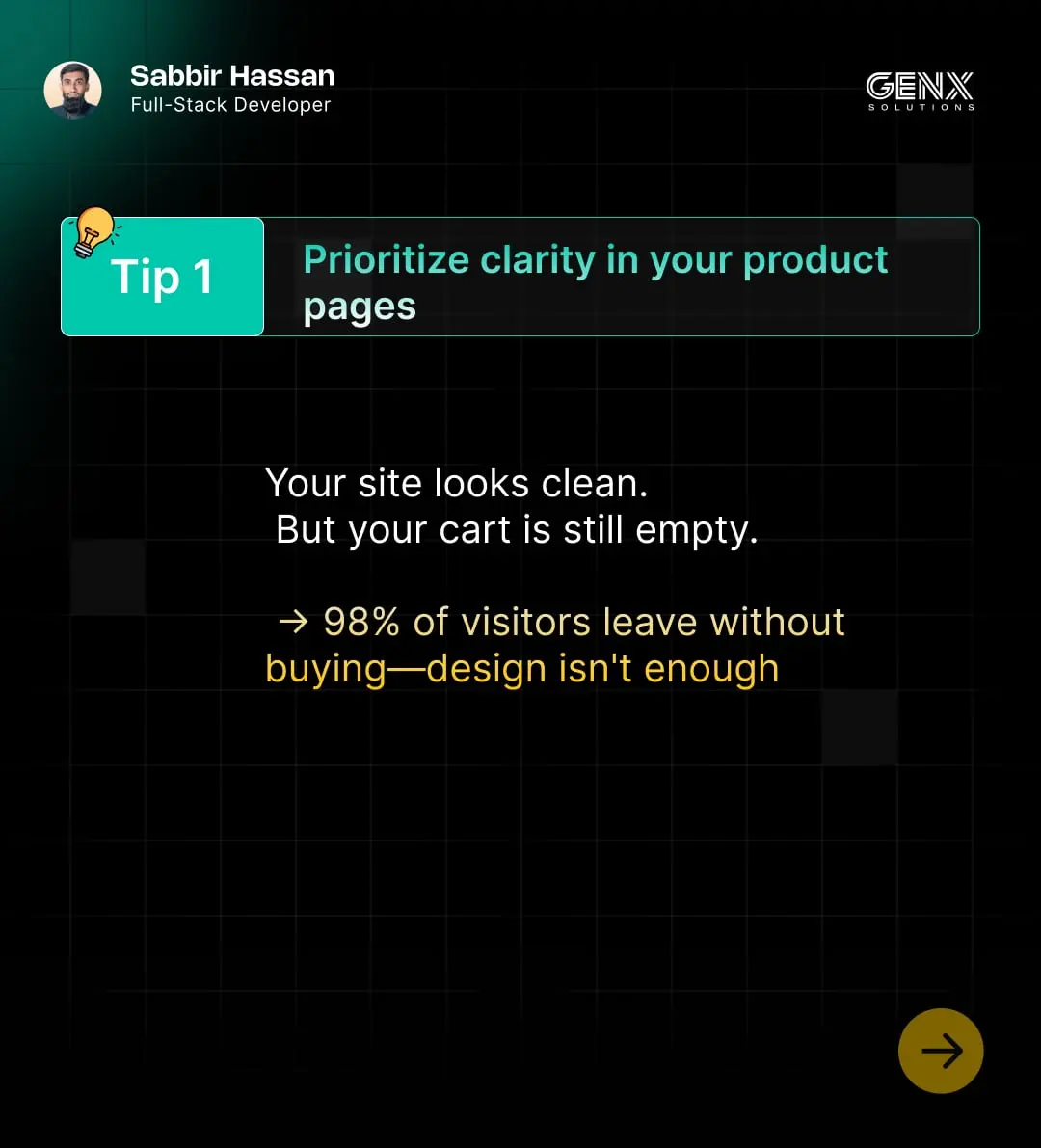 GenXSolution carousel, slide 3: Tip 1: prioritize clarity in your product pages