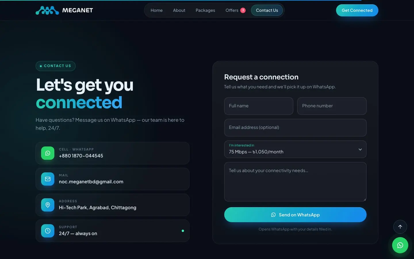 The contact section on the Meganet website, desktop