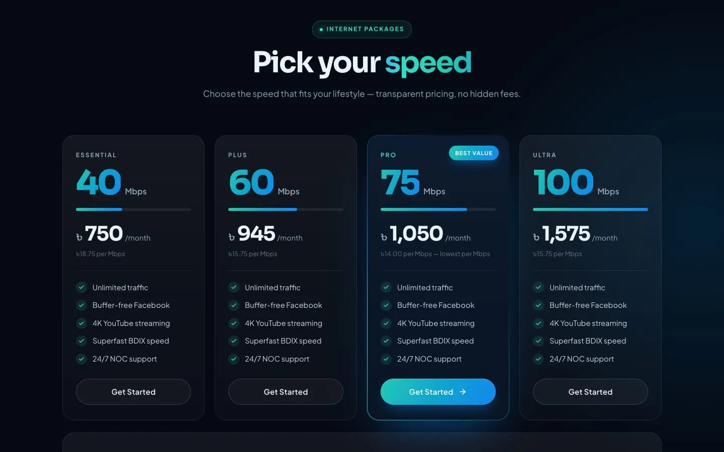 The internet packages on the Meganet website, desktop