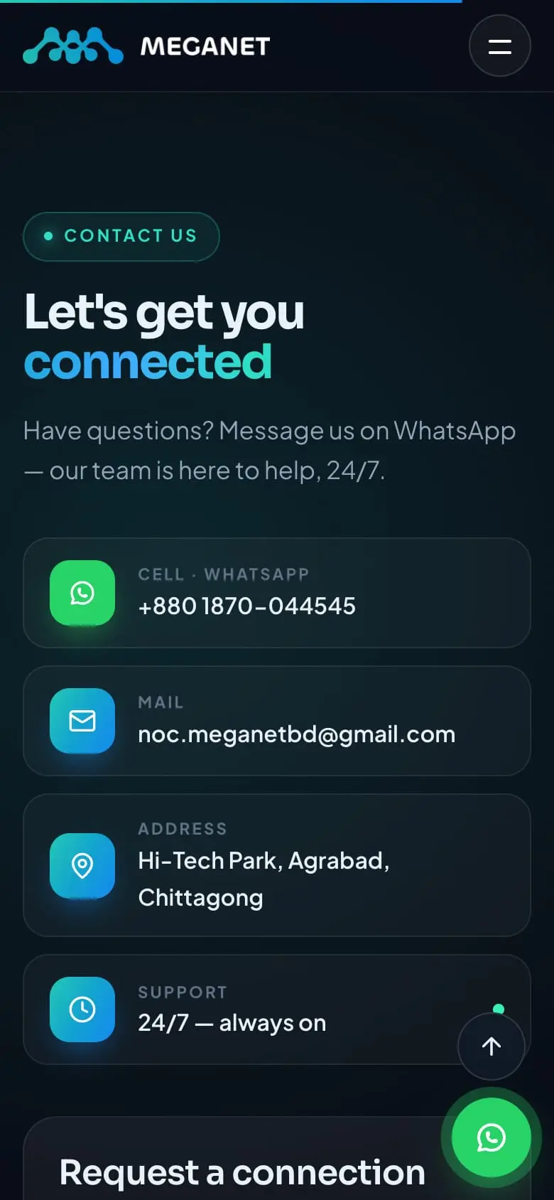 The contact section on the Meganet website, phone