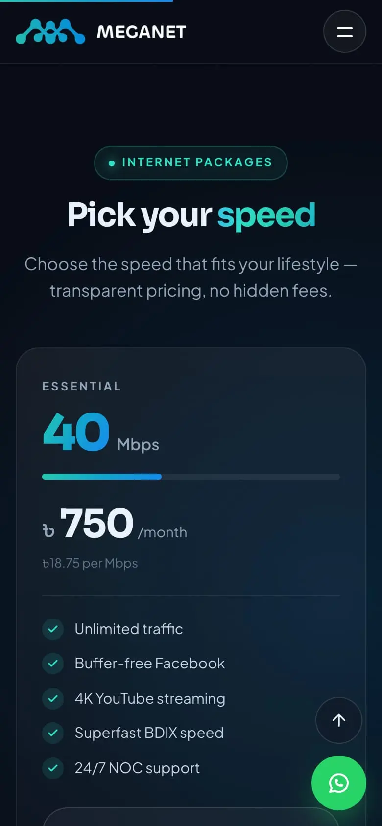The internet packages on the Meganet website, phone