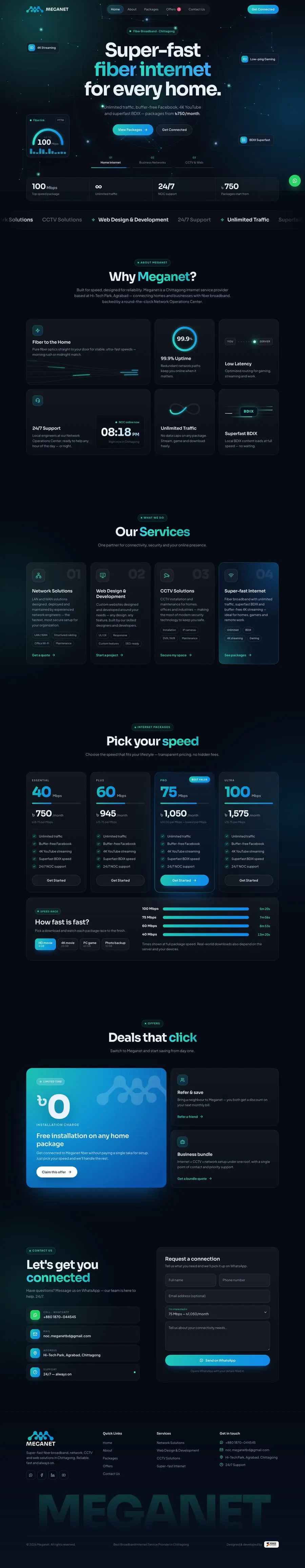 The Meganet website from top to bottom, desktop