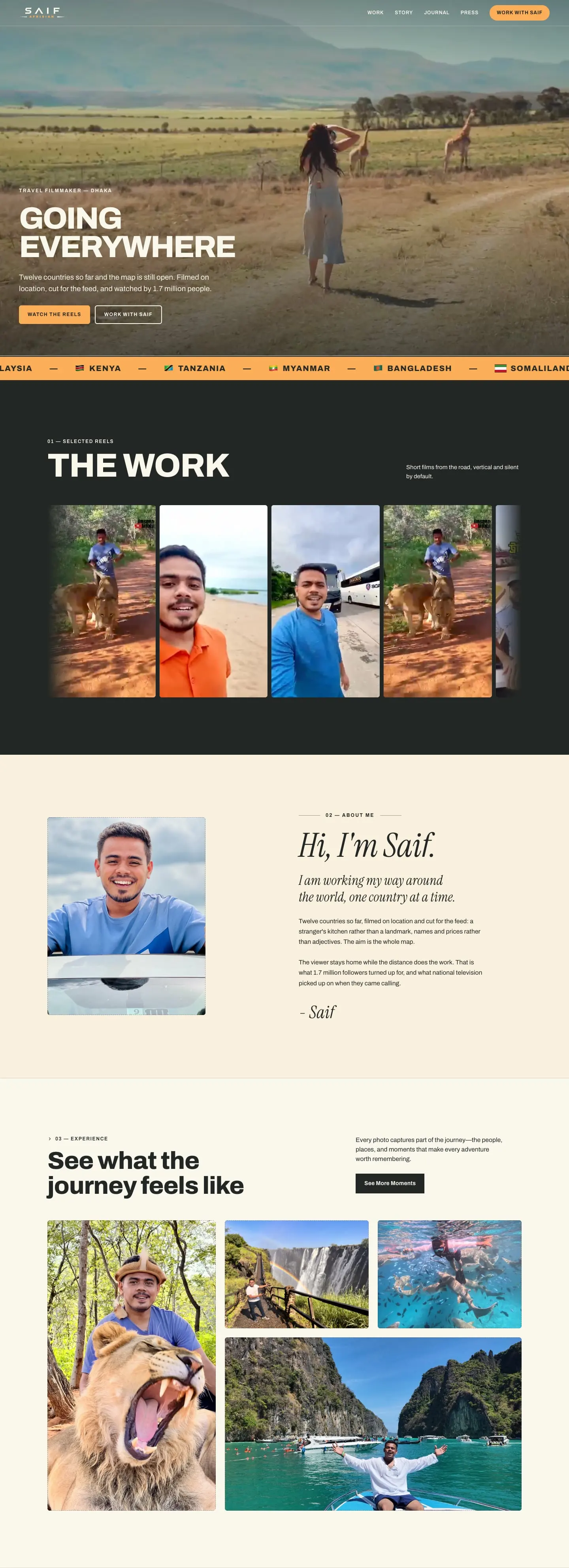 The Saif Afrisian website home page on desktop, scrolling from the hero through the reels, the story and the gallery
