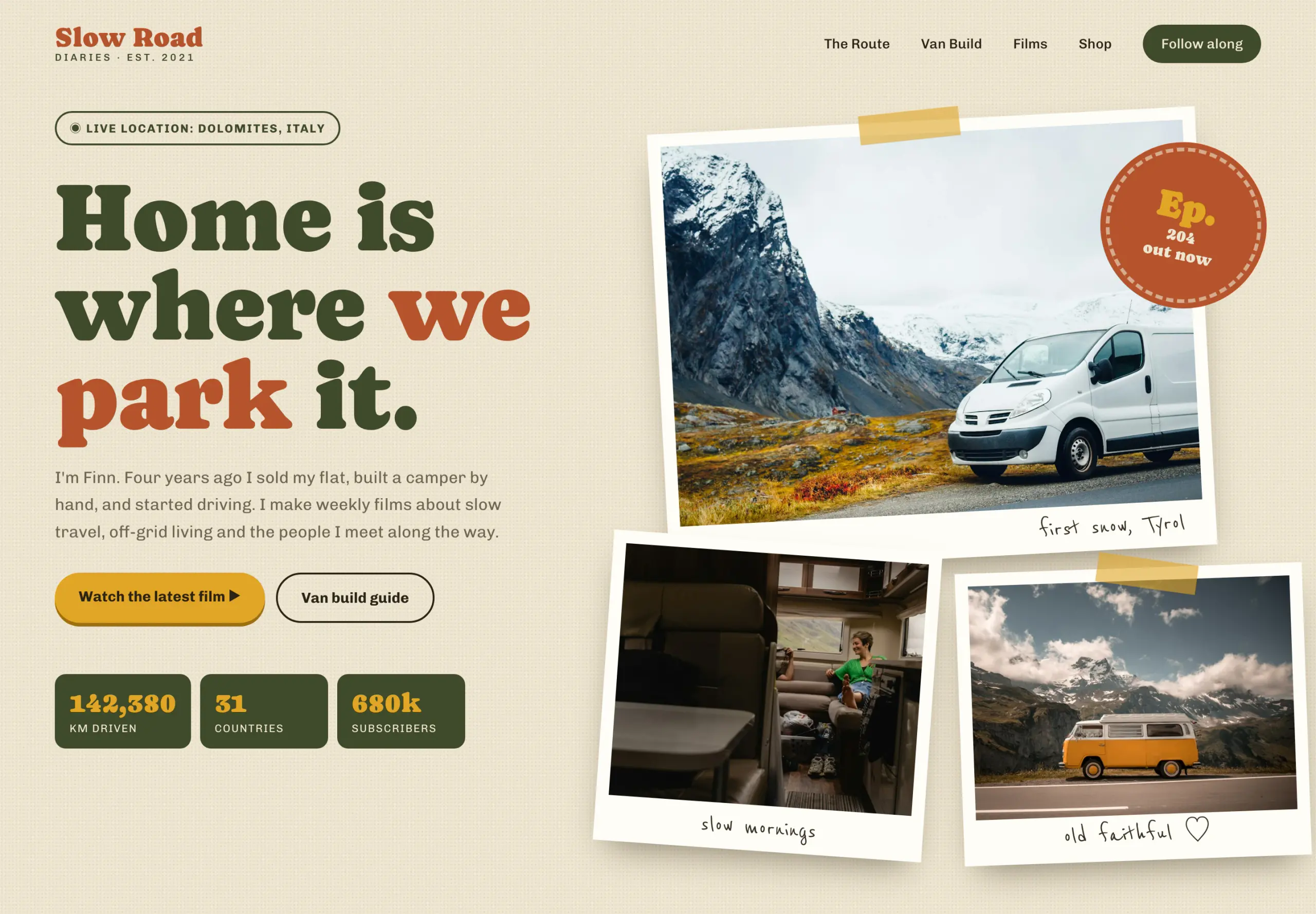 Slow Road Diaries landing page concept, full page