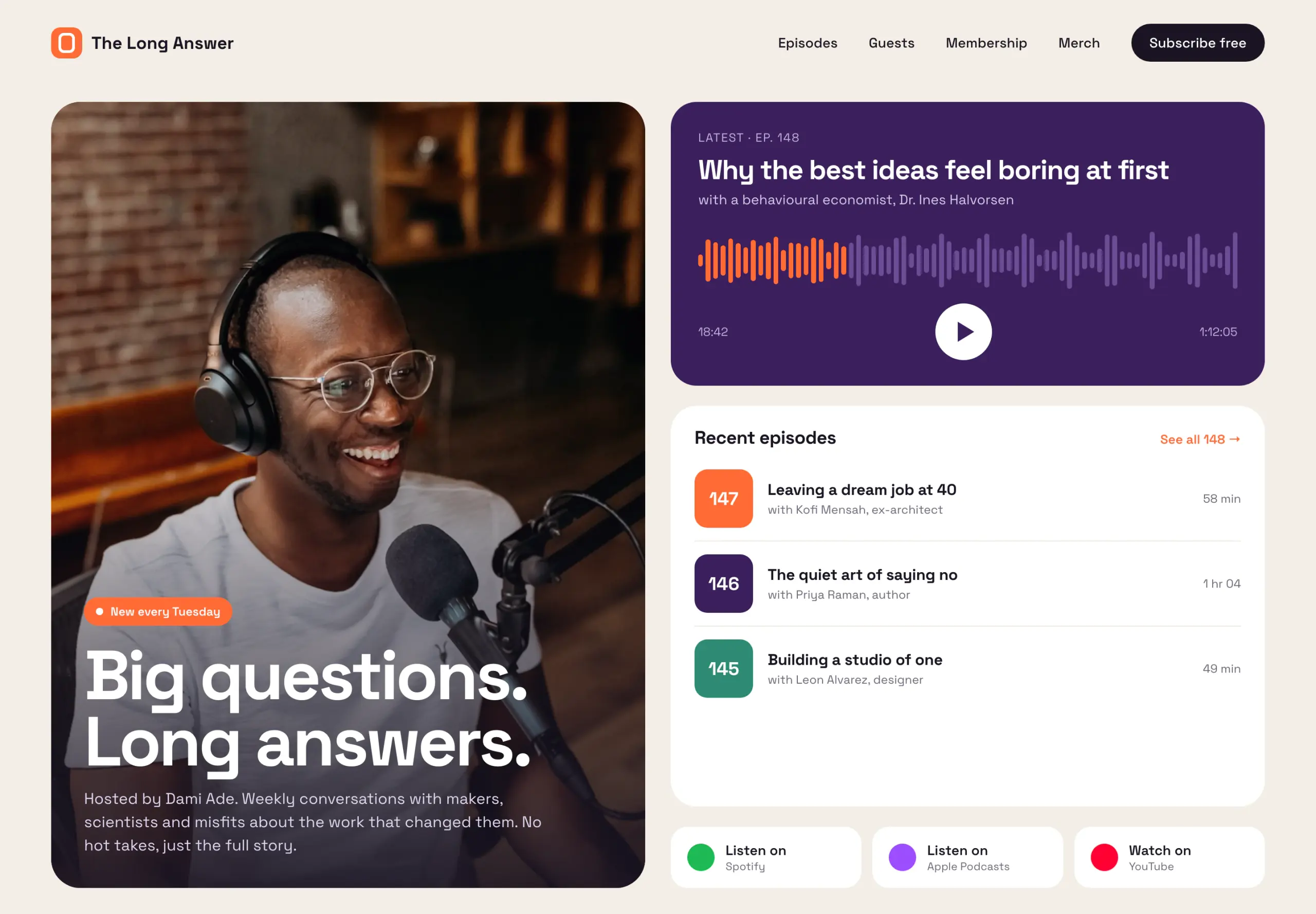 The Long Answer landing page concept, full page
